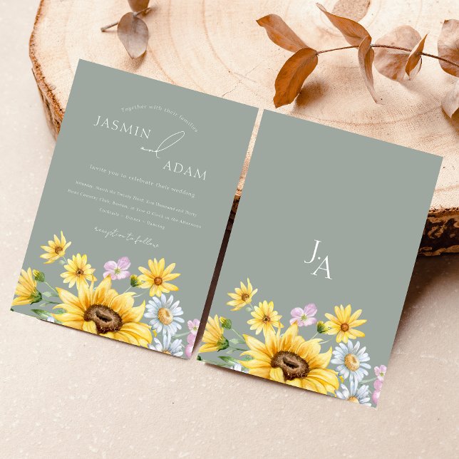 Summer Sage Green Sunflowers Monogram Wedding Invitation (Summer Sage Green Sunflowers Monogram Wedding Invitation)