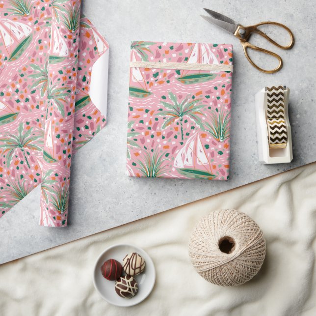 Summer Sailboat Palm Trees Wrapping Paper (Crafts)