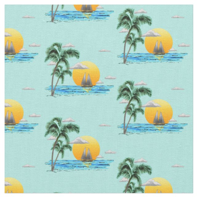 Summer Sailboat Sunset Nautical Coastal Fabric (Close Up)