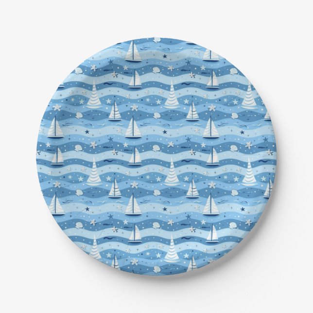 Summer Sailboats Beach Pool Party Paper Plates (Front)