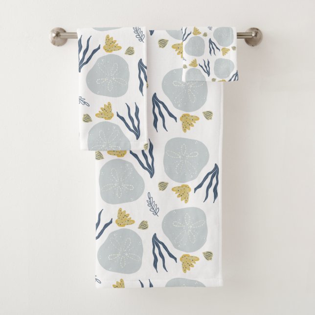 Summer Sand Dollar Seashells Beach Pattern Bath Towel Set (Insitu)