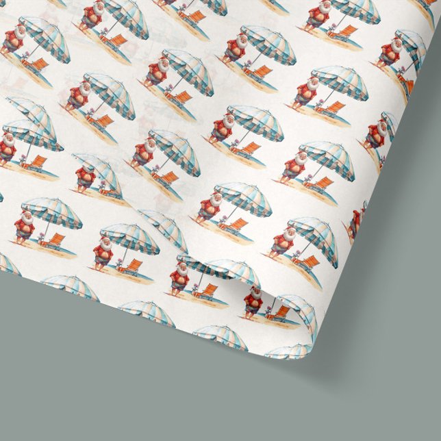 Summer Santa Beach Christmas in July Summer Party Tissue Paper (Santa Claus at the beach with a swimsuit and umbrella, funny Christmas in July wrapping tissue paper)