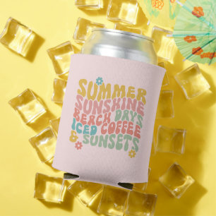 Summer Saying Retro Beach Iced Coffee Sunsets Can Cooler