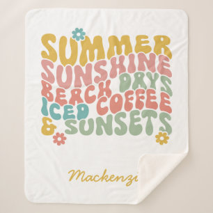 Summer Saying Retro Beach Iced Coffee Sunsets Sherpa Blanket