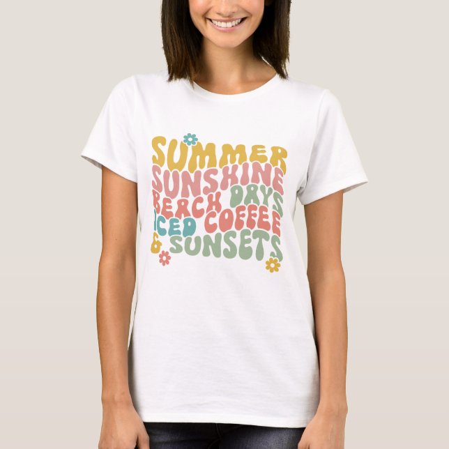 Summer Saying Retro Beach Iced Coffee Sunsets T-Shirt (Front)