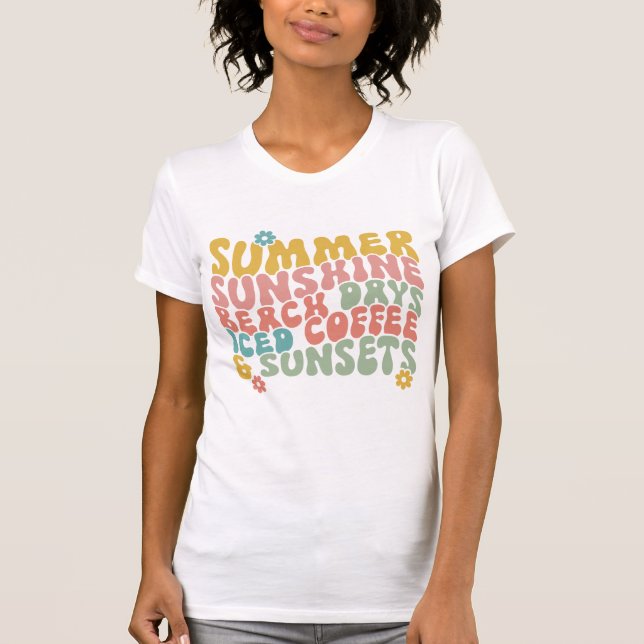 Summer Saying Retro Beach Iced Coffee Sunsets T-Shirt (Front)
