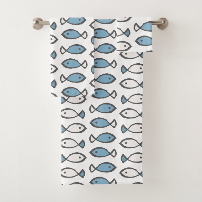 Summer Sea Blue White Fishes Pattern Bath Towel Set (Insitu)