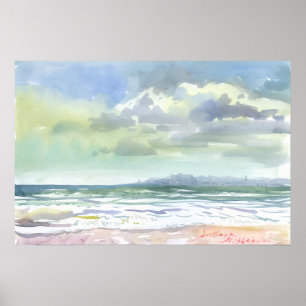 Summer Sea Waves and Cloudy Sky Watercolor Poster