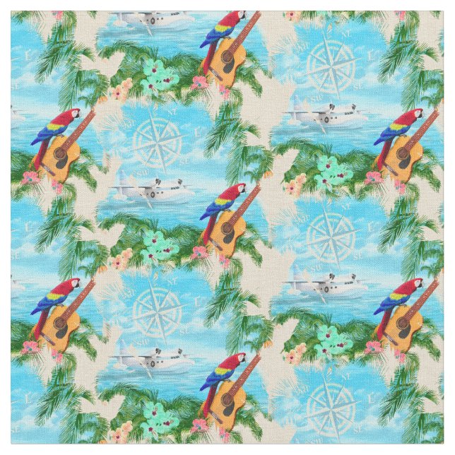 Summer Seaplane Tropical Beach Coastal Fabric (Close Up)