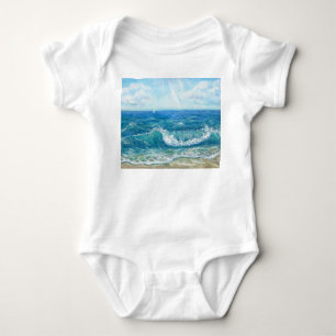 Summer seascape, blue waves, acrylic painting. baby bodysuit