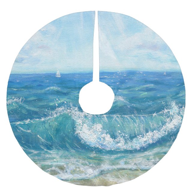 Summer seascape, blue waves, acrylic painting. brushed polyester tree skirt (Front)