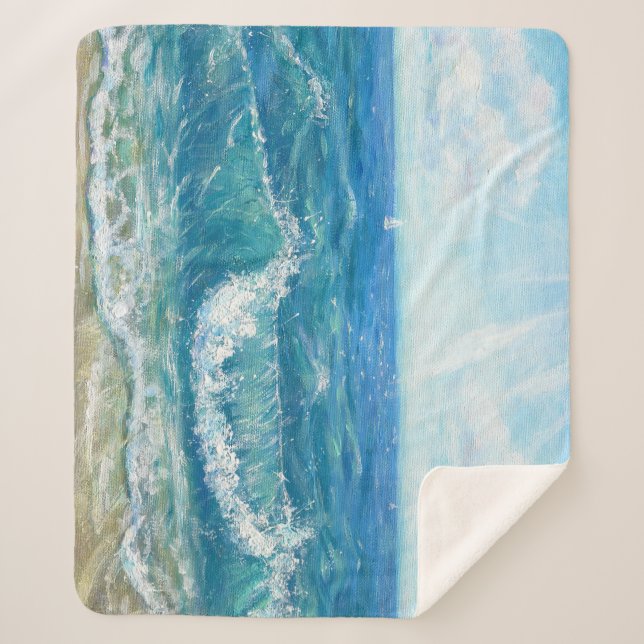 Summer seascape, blue waves, acrylic painting. sherpa blanket (Front)
