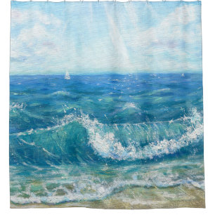 Summer seascape, blue waves, acrylic painting. shower curtain