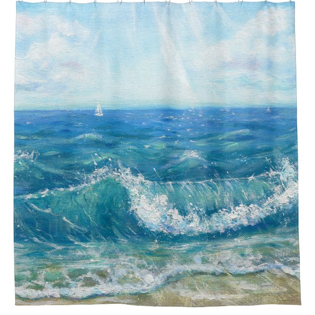 Summer seascape, blue waves, acrylic painting. shower curtain (Front)
