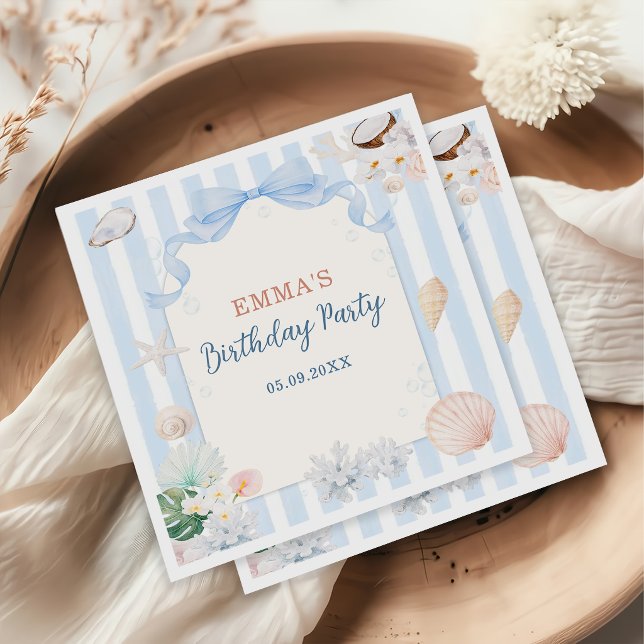 Summer Seashell Blue White Stripes Birthday  Napkin (Creator Uploaded)