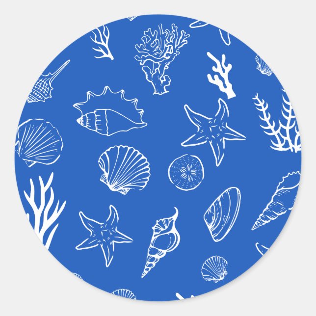Summer Seashells Frame Beach Wedding Blue Classic Round Sticker (Front)