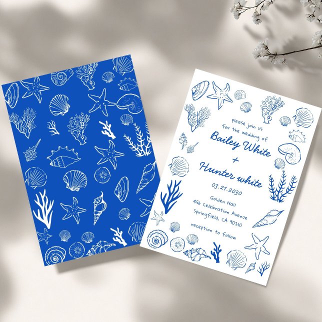 Summer Seashells Frame Beach Wedding Blue  Invitation (Creator Uploaded)
