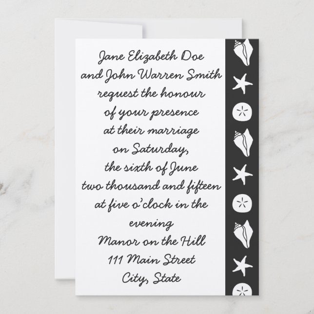 Summer Seashells in Black Wedding Invitation (Front)