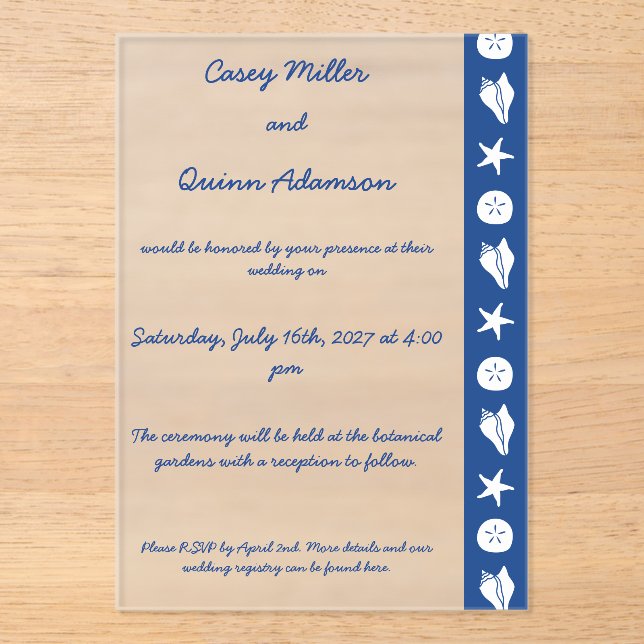 Summer Seashells in Blue Acrylic Wedding  Invitations (Front)