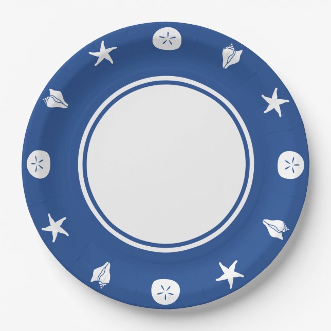Summer Seashells in Blue Paper Plate (Front)