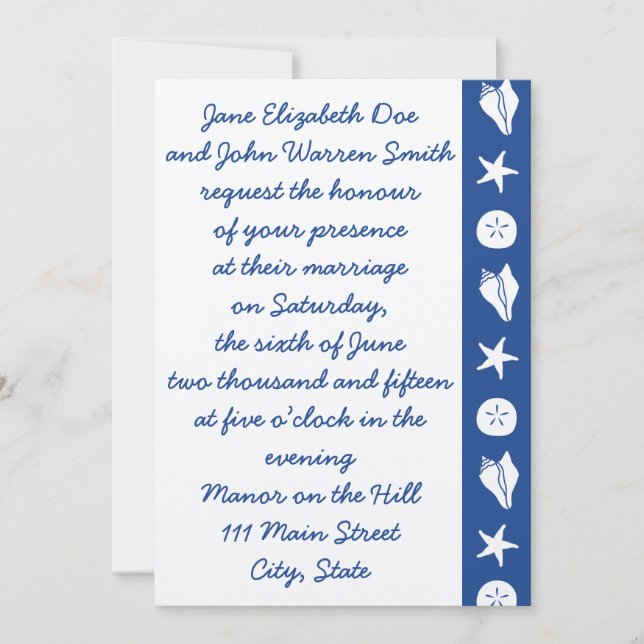 Summer Seashells in Blue Wedding Invitation (Front)