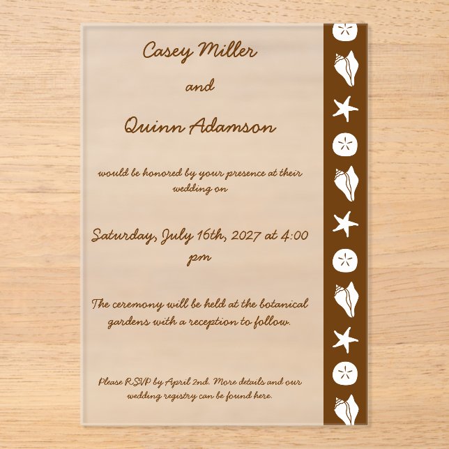 Summer Seashells in Chocolate Acrylic Wedding  Invitations (Front)