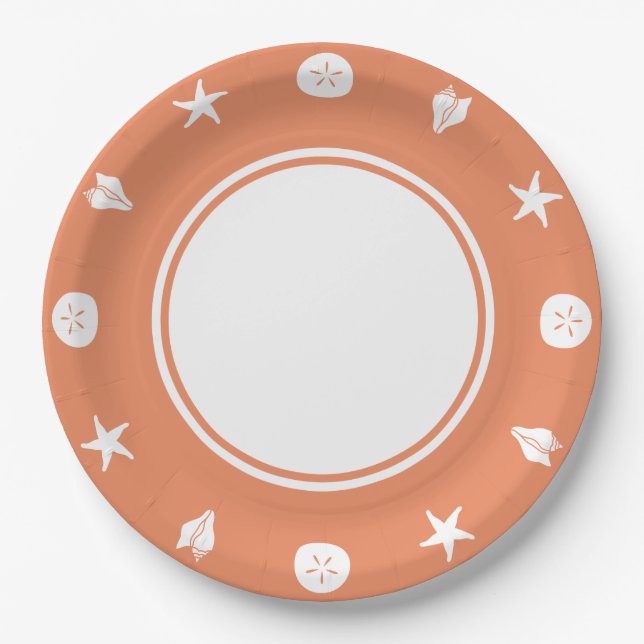 Summer Seashells in Coral Paper Plate (Front)