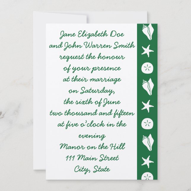Summer Seashells in Green Wedding Invitation (Front)