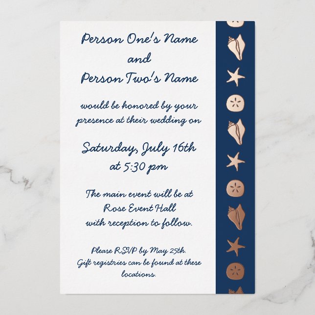 Summer Seashells in Navy Foil Invitation (Front)