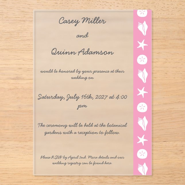 Summer Seashells in Petal Pink Acrylic Wedding  Invitations (Front)