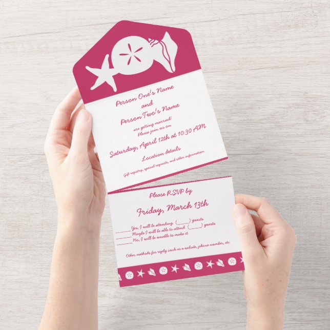 Summer Seashells in Raspberry All In One Invitation (Tearaway)