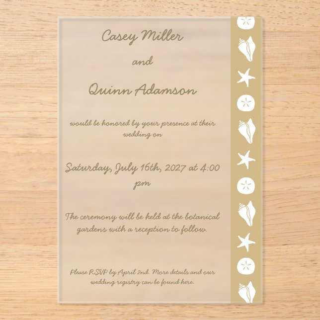Summer Seashells in Sand Acrylic Wedding  Invitations (Front)
