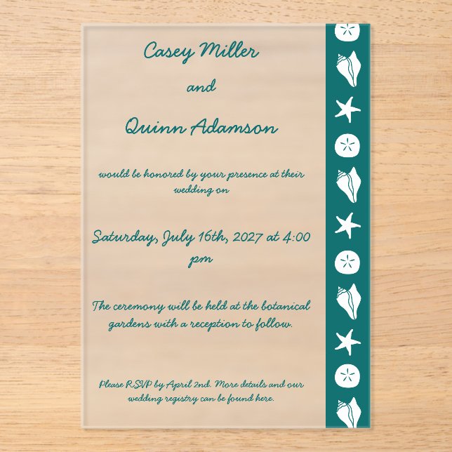 Summer Seashells in Teal Acrylic Wedding  Invitations (Front)