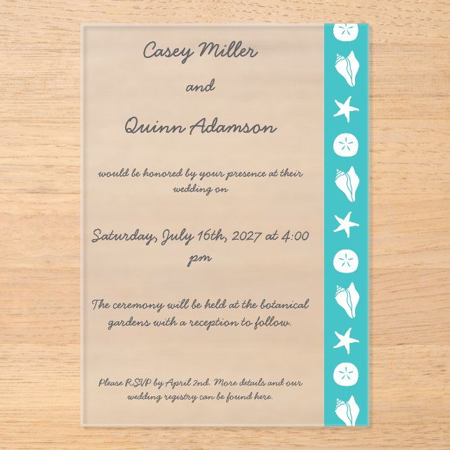 Summer Seashells in Turquoise Acrylic Wedding  Invitations (Front)