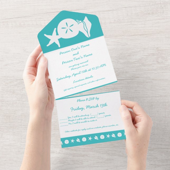 Summer Seashells in Turquoise All In One Invitation (Tearaway)