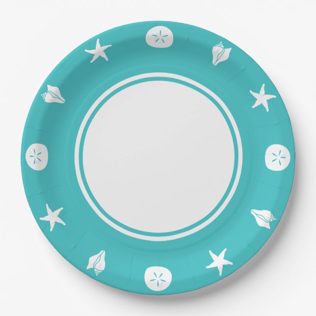 Summer Seashells in Turquoise Paper Plate (Front)