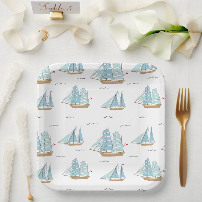 Summer Seatime Cute yachts with sail Paper Plate (Wedding)