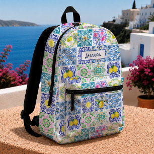 Summer Sicilian citrus Mediterranean azulejo Printed Backpack
