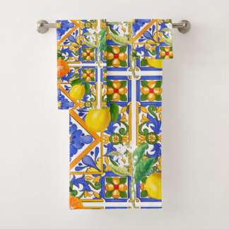 Summer ,Sicilian tiles ,citrus,oranges,majolica    Bath Towel Set