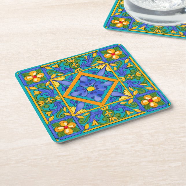 Summer ,Sicilian tiles ,majolica,Mediterranean   Square Paper Coaster (Angled)