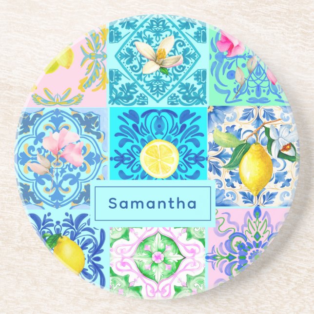 Summer Sicilian turquoise colourful azulejo Amalfi Coaster (Front)