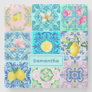 Summer Sicilian turquoise colourful azulejo Amalfi Stone Coaster