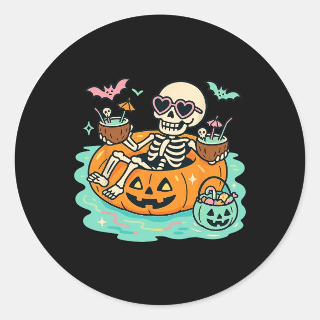 Summer Skeleton In Pumpkin Float Cute Spooky Pool  Classic Round Sticker (Front)