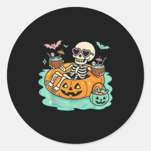 Summer Skeleton In Pumpkin Float Cute Spooky Pool Classic Round Sticker