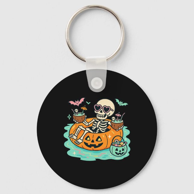 Summer Skeleton In Pumpkin Float Cute Spooky Pool  Key Ring (Front)
