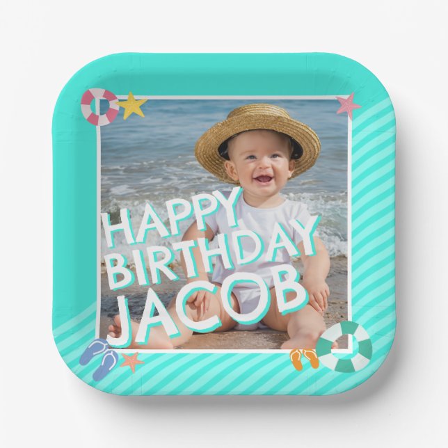 Summer Sky Blue Boys 1st Birthday  Paper Plate (Front)