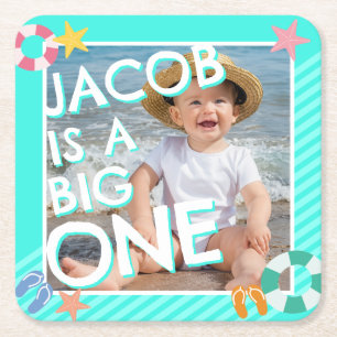 Summer Sky Blue Boys 1st Birthday Square Paper Coaster