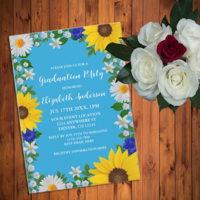 Summer Sky Blue Floral Graduation Party Invitation (Creator Uploaded)
