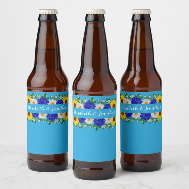 Summer Sky Blue Floral Wedding Beer Bottle Label (Bottles)