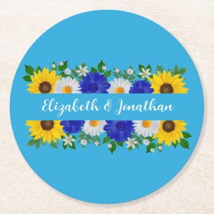Summer Sky Blue Floral Wedding Round Paper Coaster